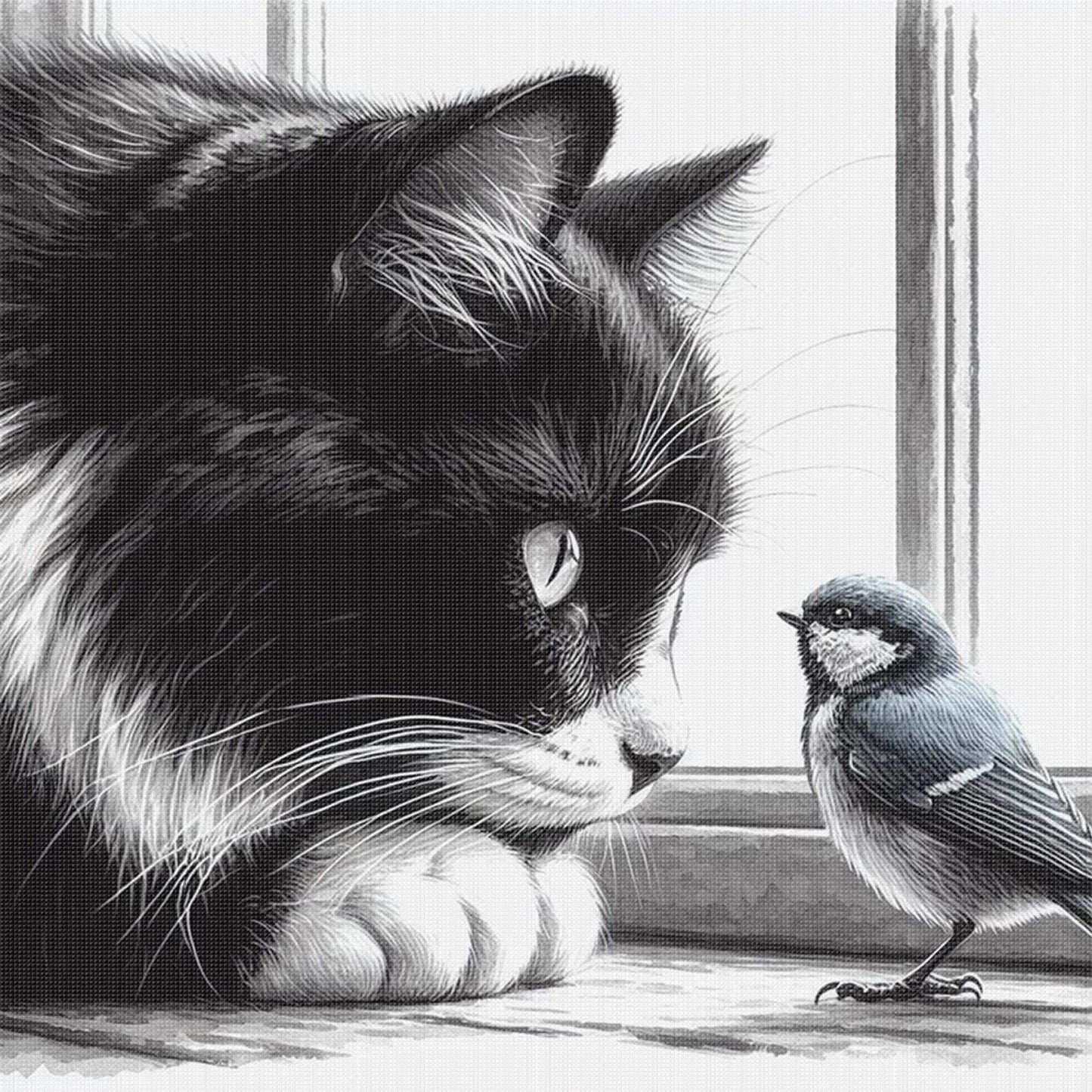 Cat And Bird - Full 11CT Stamped Cross Stitch 40x40CM - Huacan