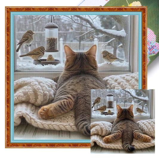Cat And Bird - Full 11CT Stamped Cross Stitch 40x40CM - Huacan