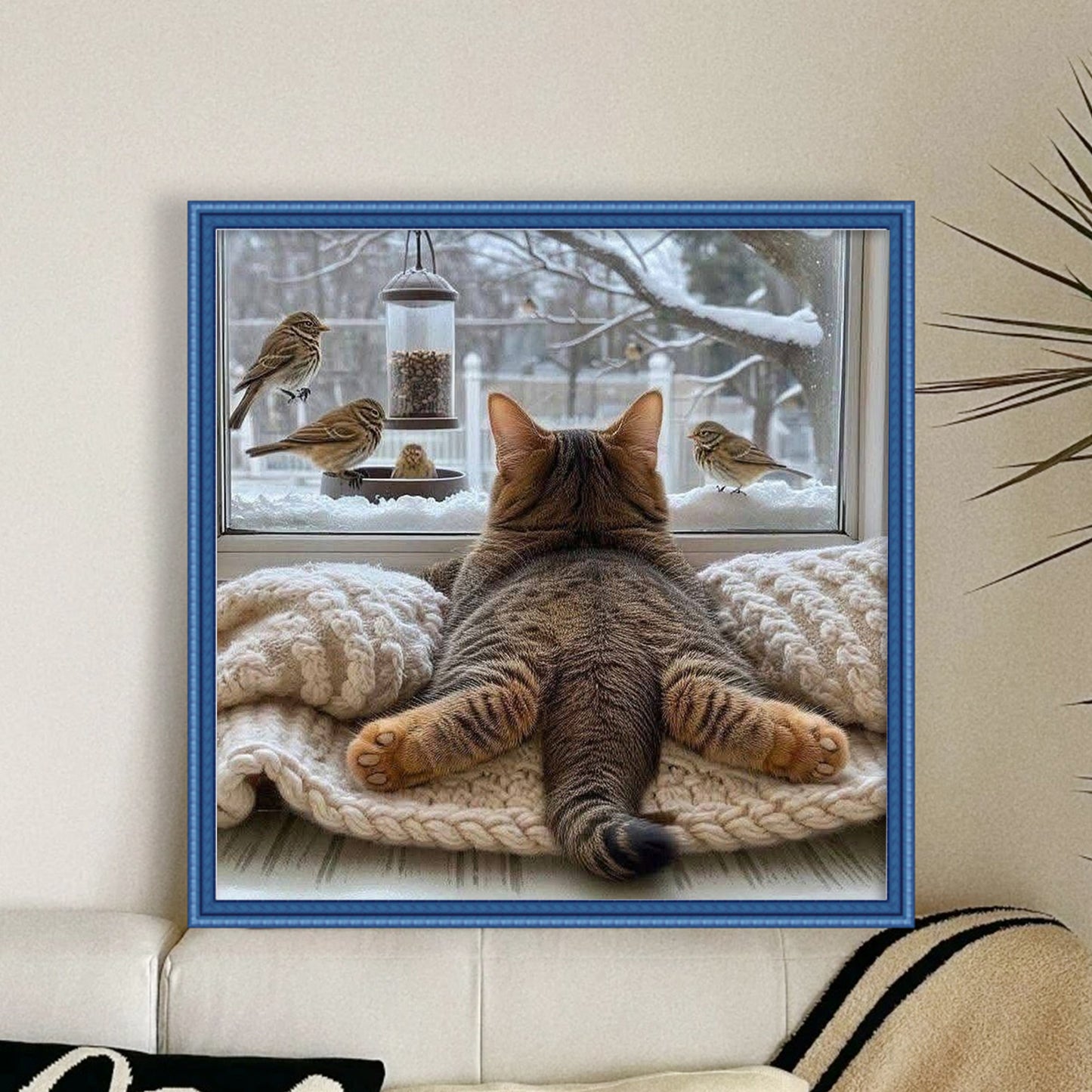 Cat And Bird - Full 11CT Stamped Cross Stitch 40x40CM - Huacan