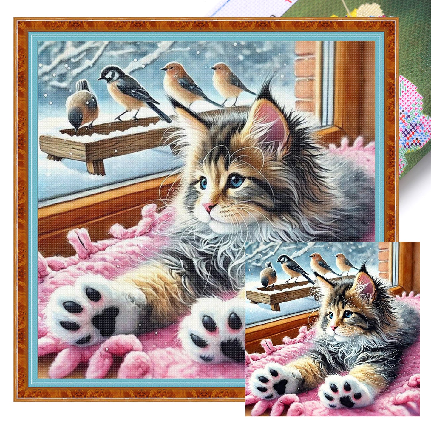 Cat And Bird - Full 11CT Stamped Cross Stitch 40x40CM - Huacan
