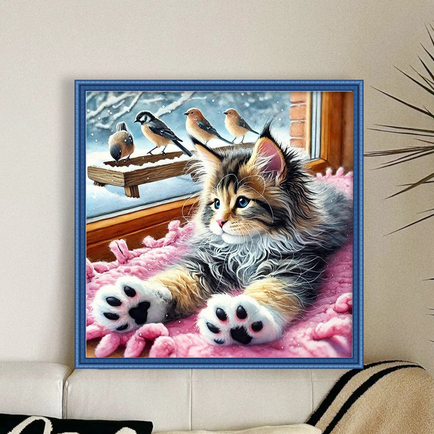 Cat And Bird - Full 11CT Stamped Cross Stitch 40x40CM - Huacan