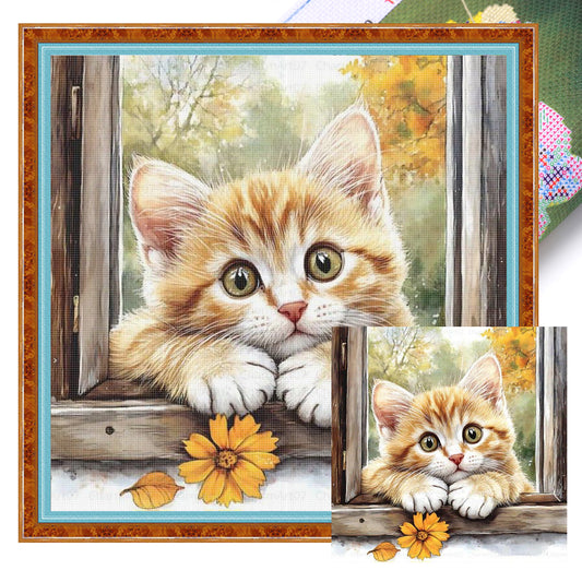 Orange Cat By Window - Full 11CT Stamped Cross Stitch 40x40CM - Huacan