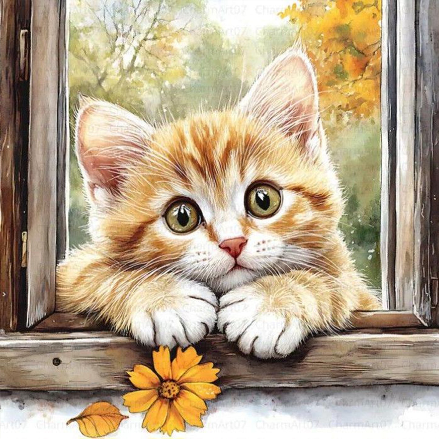 Orange Cat By Window - Full 11CT Stamped Cross Stitch 40x40CM - Huacan