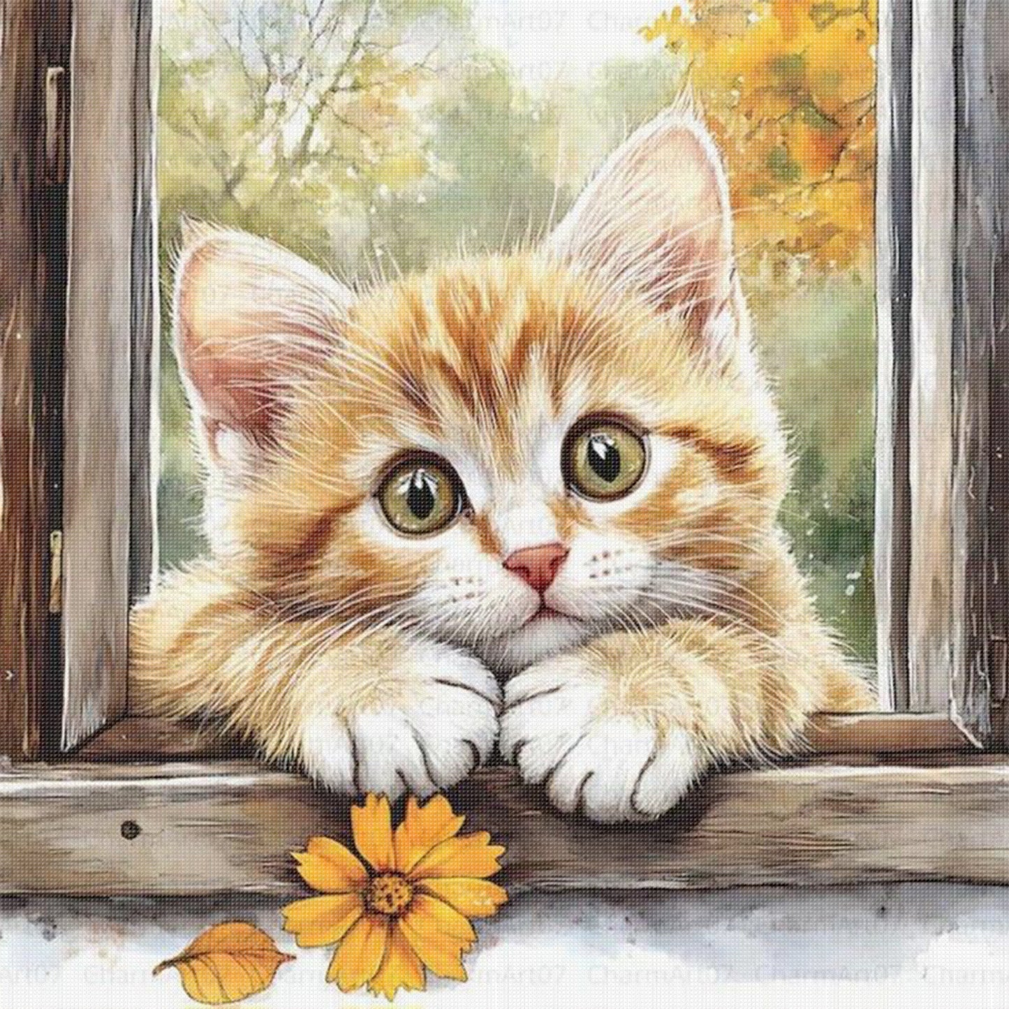 Orange Cat By Window - Full 11CT Stamped Cross Stitch 40x40CM - Huacan