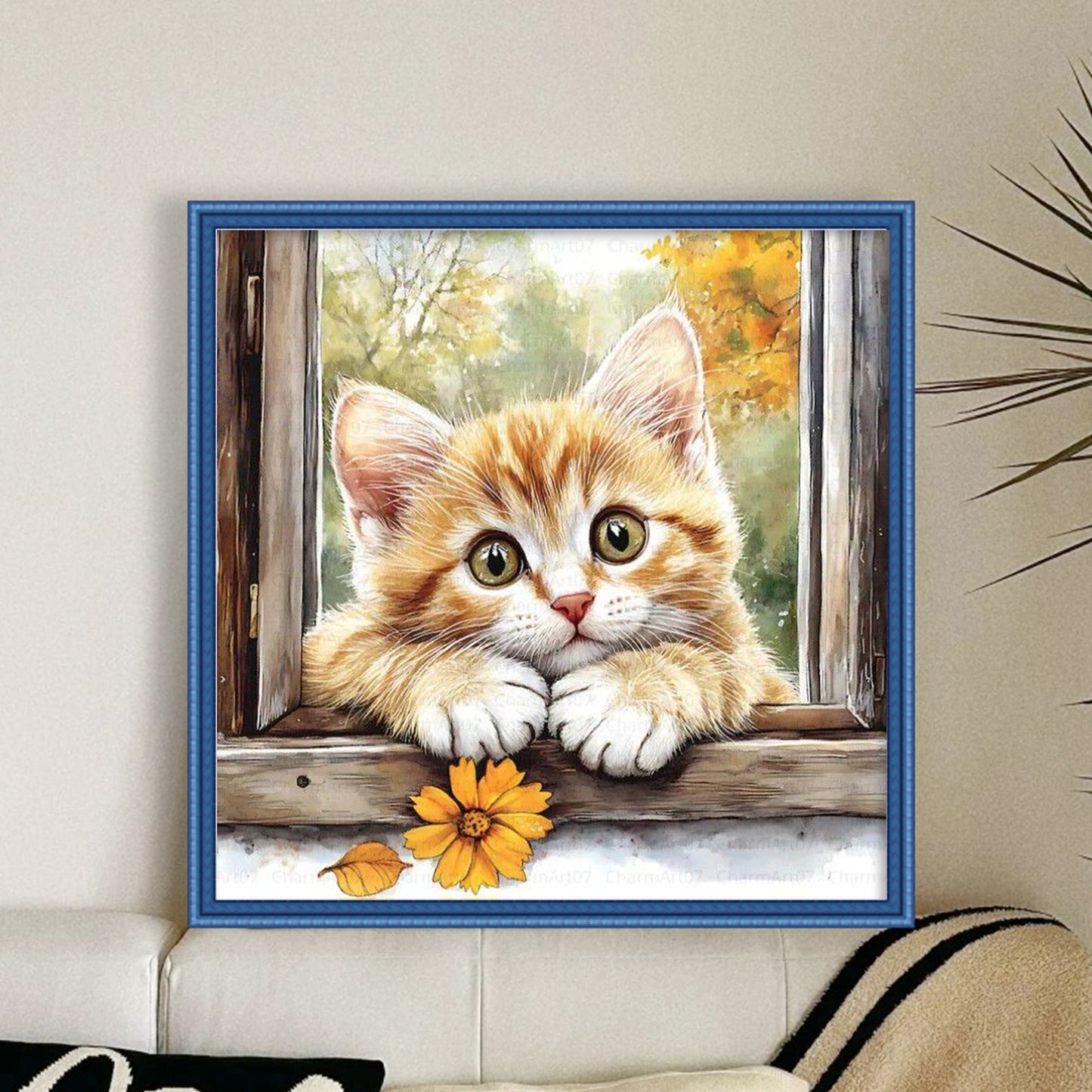 Orange Cat By Window - Full 11CT Stamped Cross Stitch 40x40CM - Huacan
