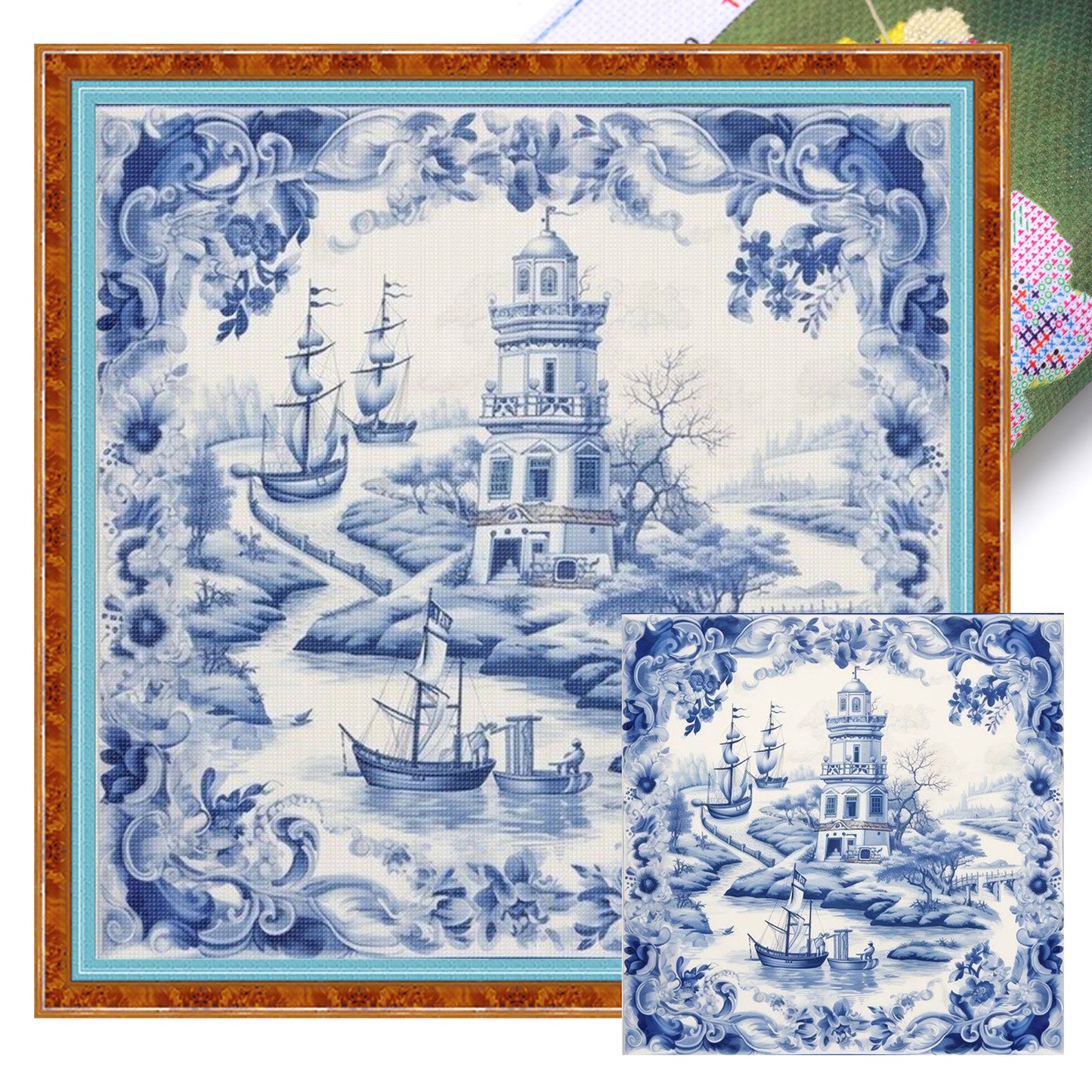 Blue And White Lighthouse - Full 11CT Stamped Cross Stitch 50x50CM - Huacan