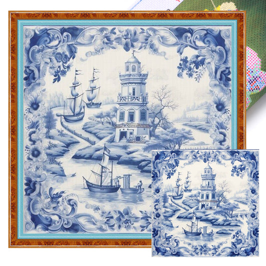 Blue And White Lighthouse - Full 11CT Stamped Cross Stitch 50x50CM - Huacan