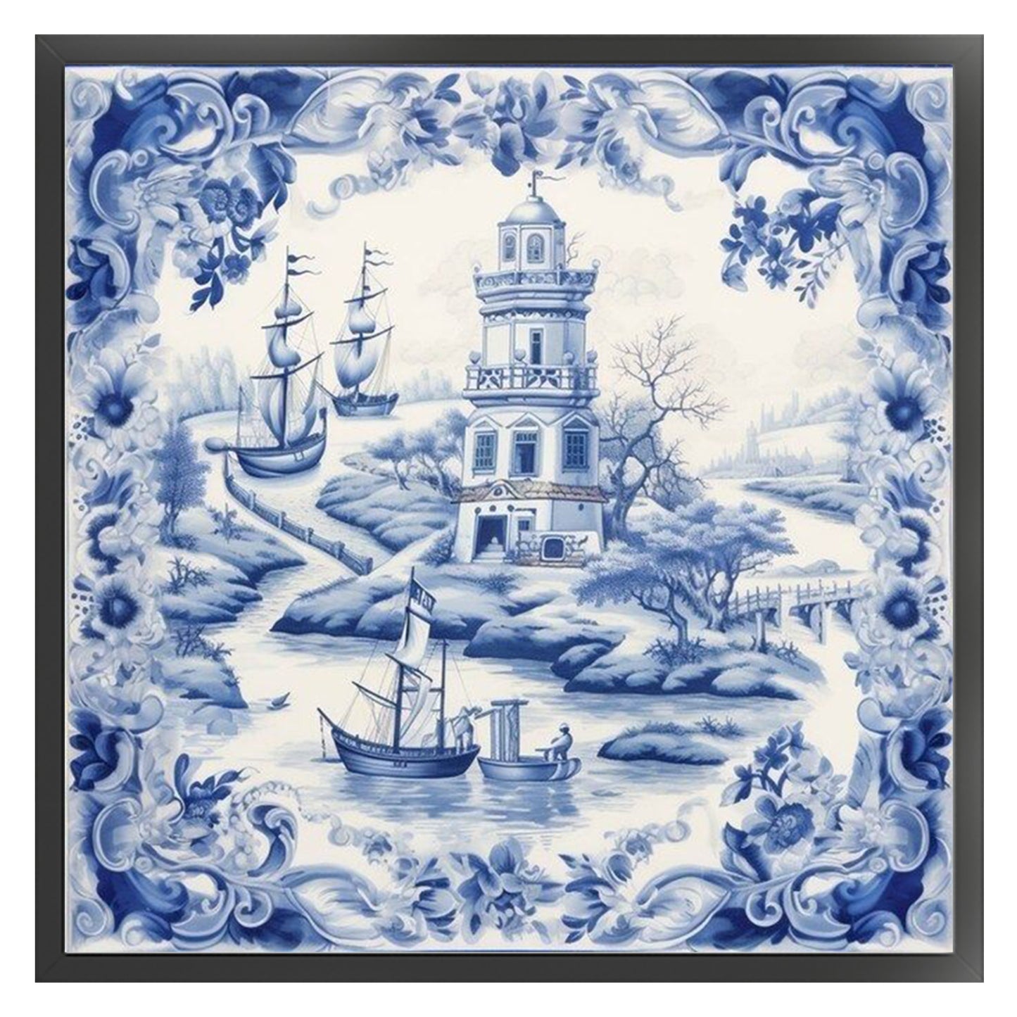 Blue And White Lighthouse - Full 11CT Stamped Cross Stitch 50x50CM - Huacan