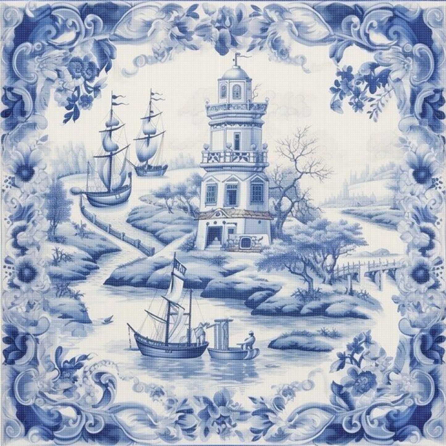 Blue And White Lighthouse - Full 11CT Stamped Cross Stitch 50x50CM - Huacan