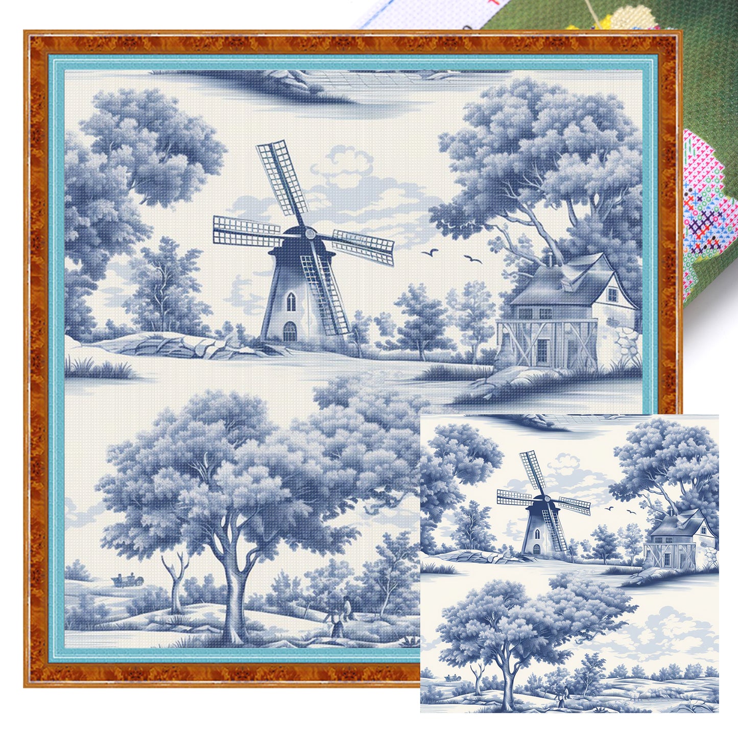 Blue And White Windmill - Full 11CT Stamped Cross Stitch 50x50CM - Huacan