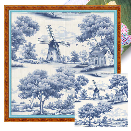 Blue And White Windmill - Full 11CT Stamped Cross Stitch 50x50CM - Huacan
