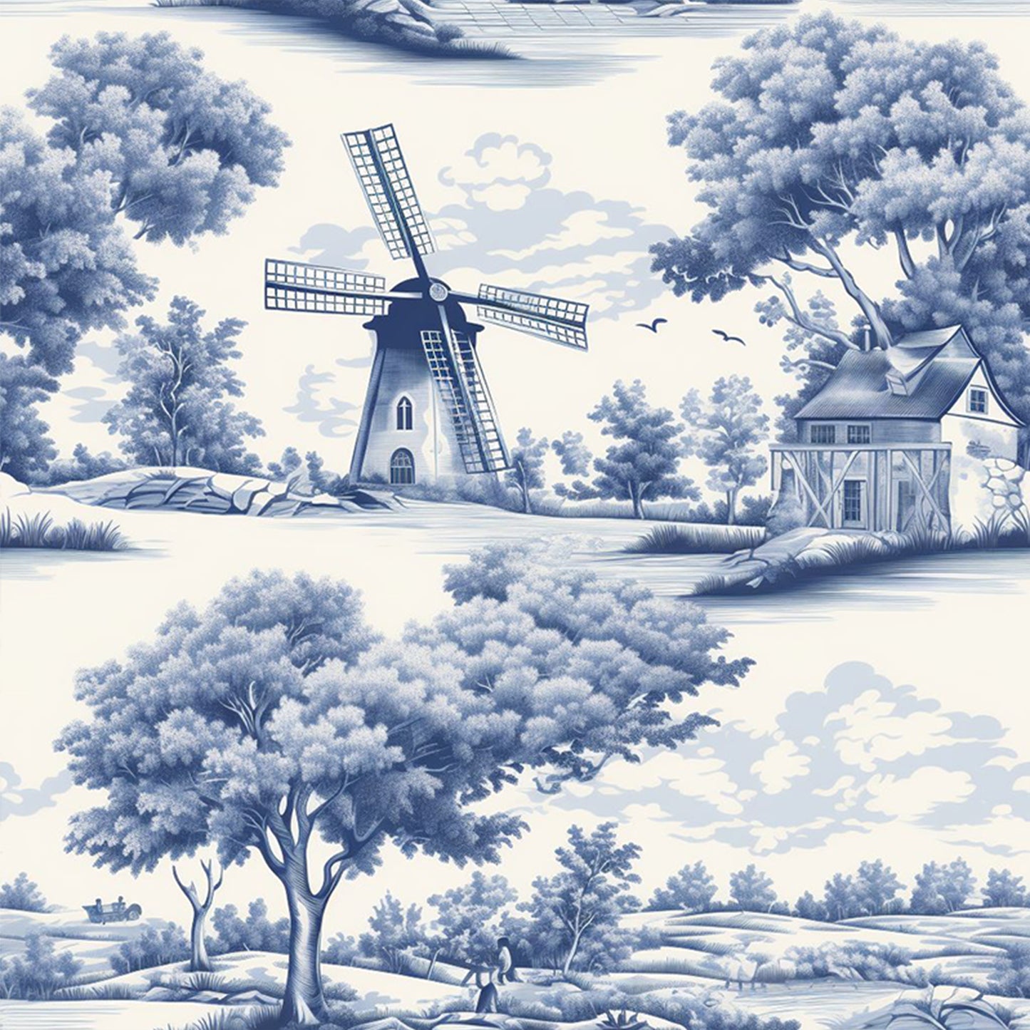 Blue And White Windmill - Full 11CT Stamped Cross Stitch 50x50CM - Huacan