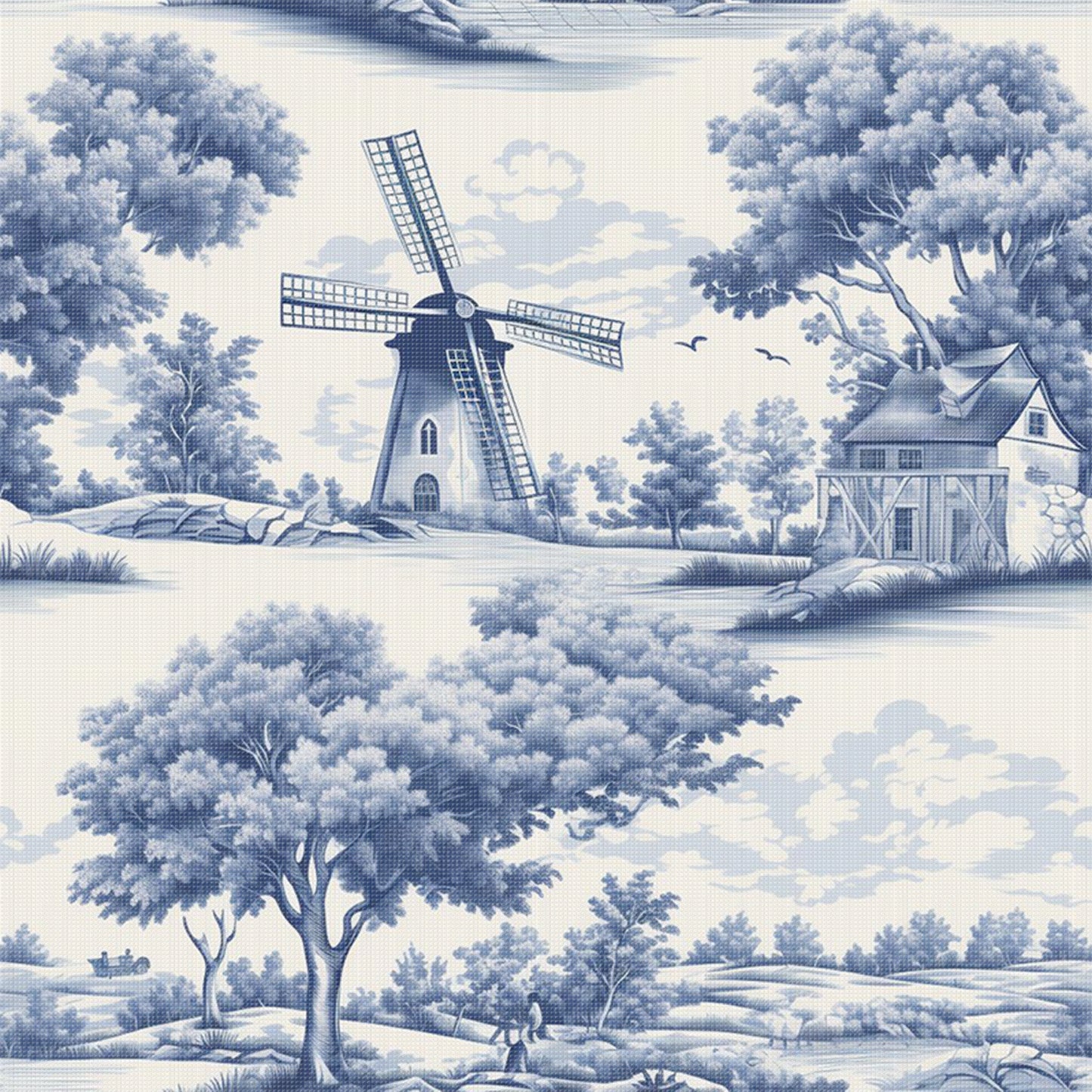 Blue And White Windmill - Full 11CT Stamped Cross Stitch 50x50CM - Huacan