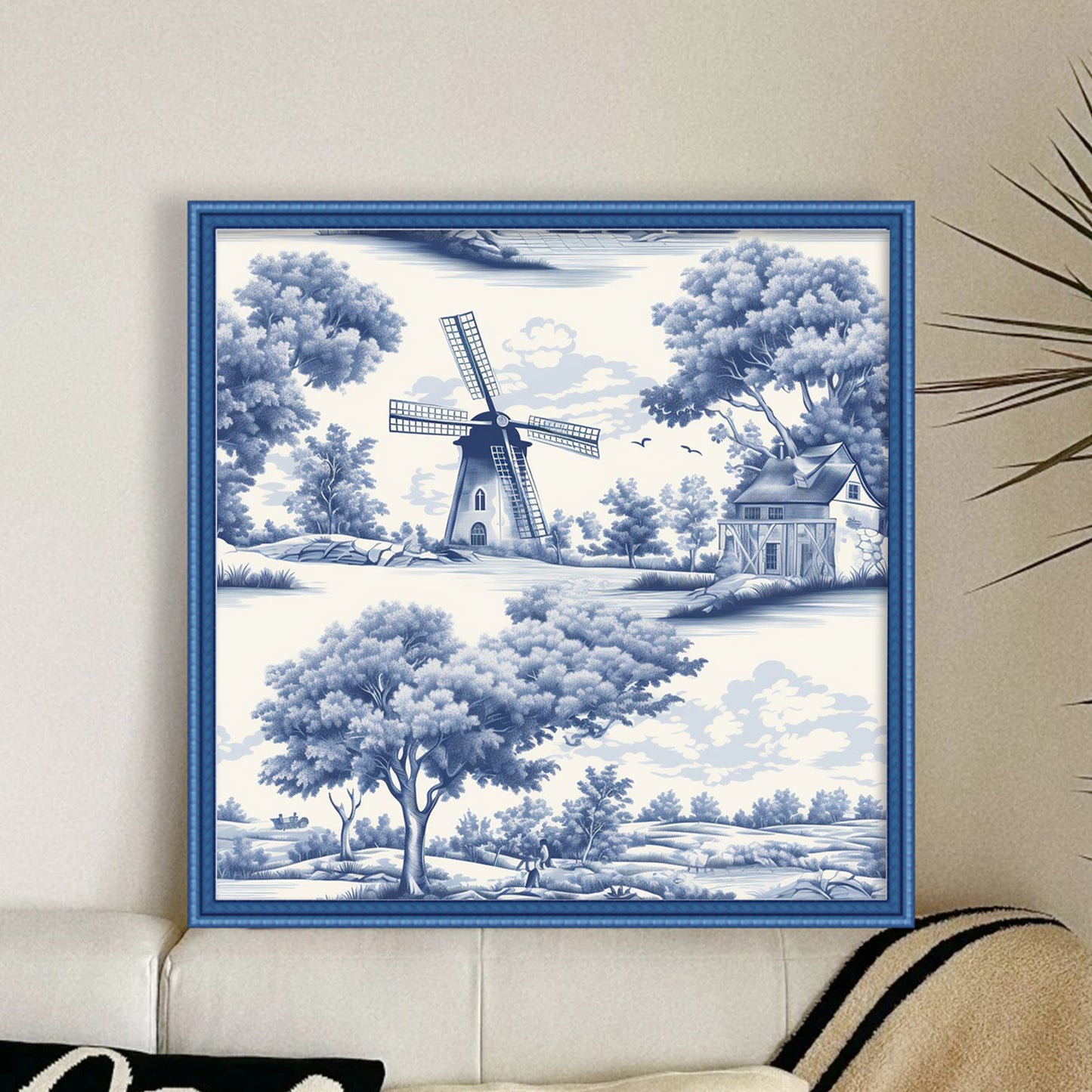Blue And White Windmill - Full 11CT Stamped Cross Stitch 50x50CM - Huacan