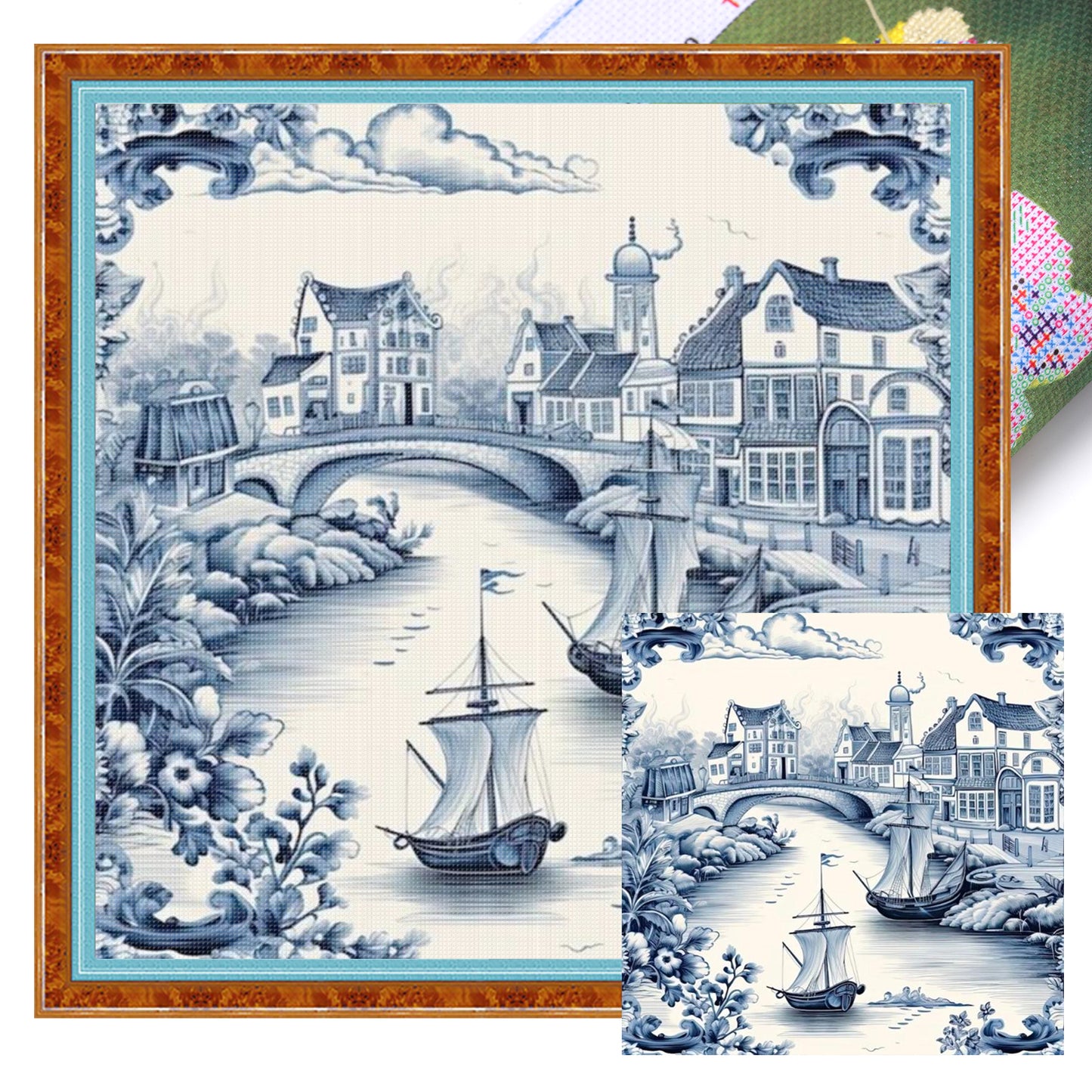 Blue And White Coastal Town - Full 11CT Stamped Cross Stitch 50x50CM - Huacan