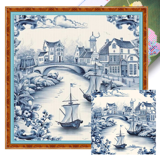 Blue And White Coastal Town - Full 11CT Stamped Cross Stitch 50x50CM - Huacan