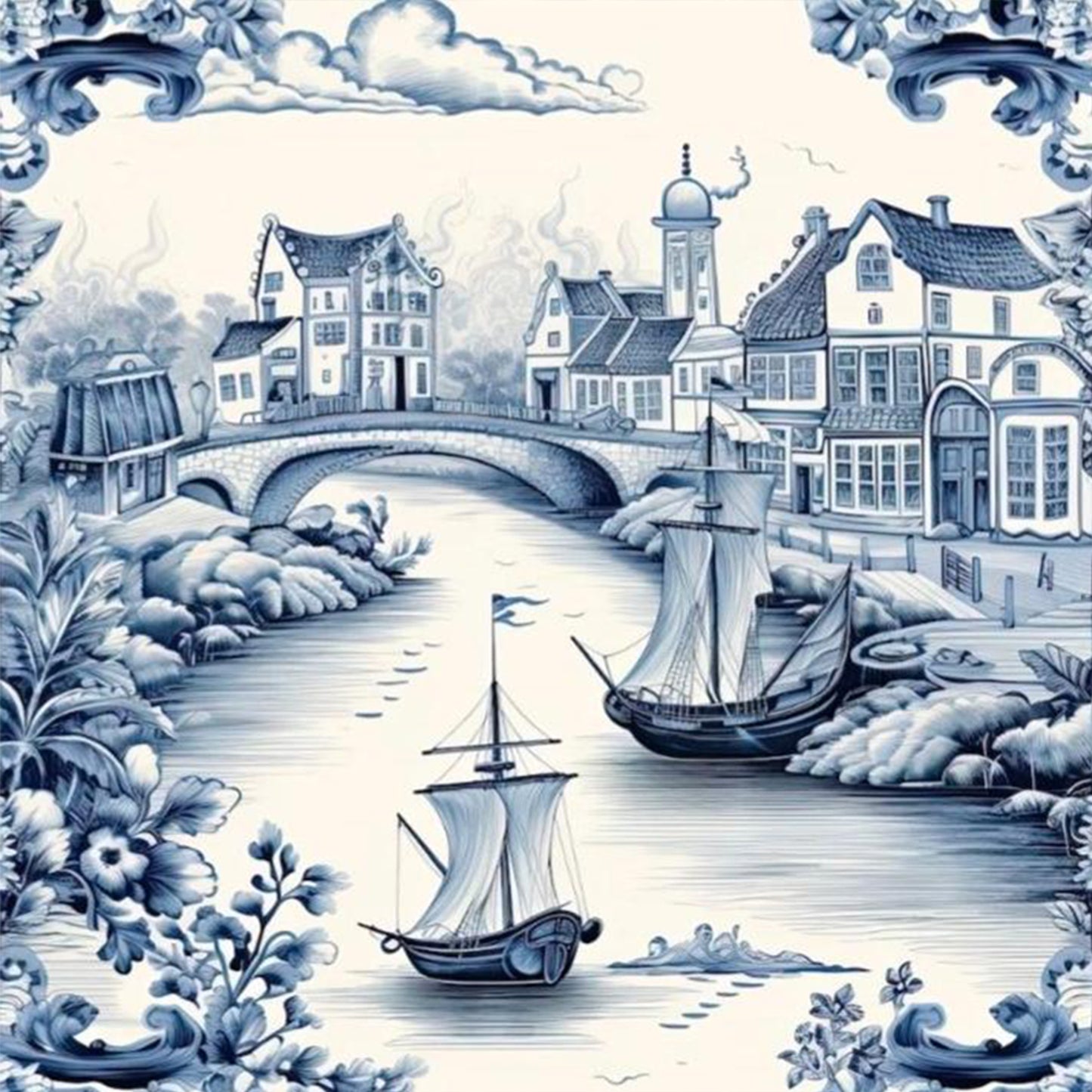 Blue And White Coastal Town - Full 11CT Stamped Cross Stitch 50x50CM - Huacan