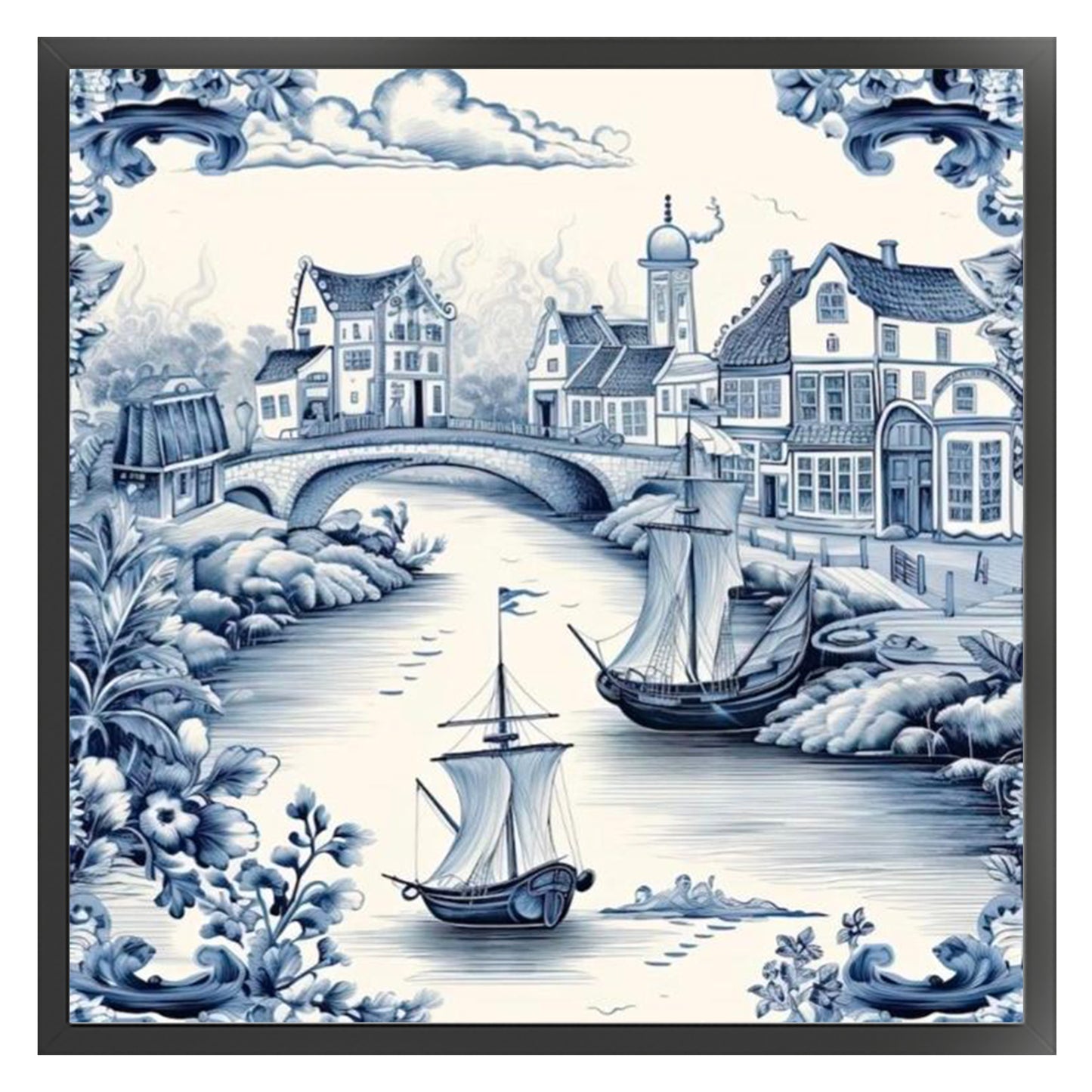 Blue And White Coastal Town - Full 11CT Stamped Cross Stitch 50x50CM - Huacan