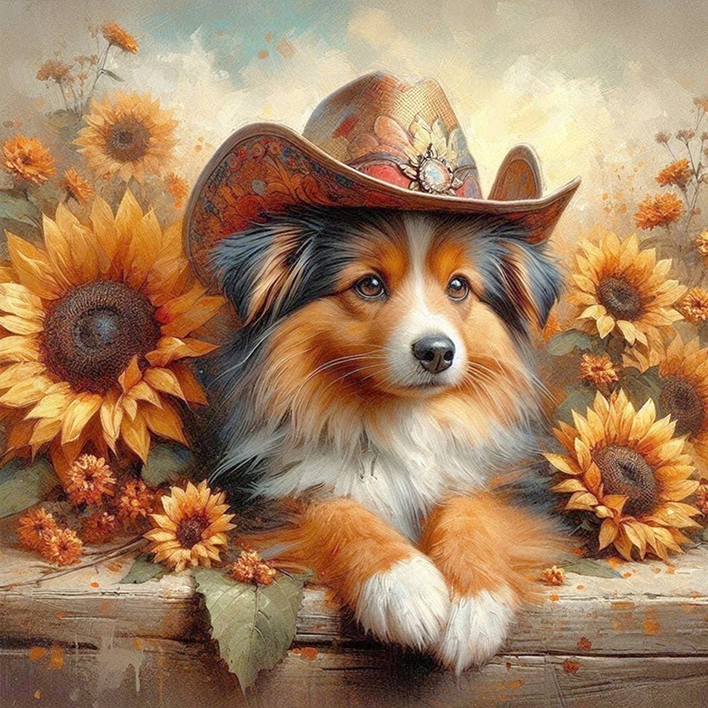 Dog With Cowboy Hat - Full 11CT Stamped Cross Stitch 40x40CM - Huacan