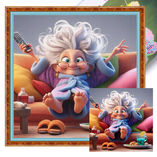 Funny Old Lady - Full 11CT Stamped Cross Stitch 45x45CM - Huacan