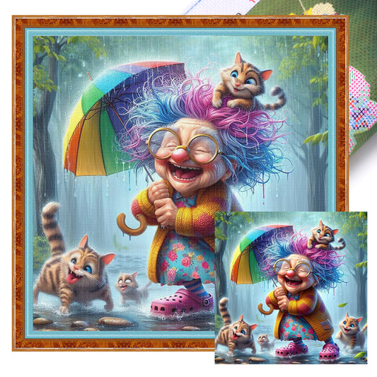 Funny Old Lady - Full 11CT Stamped Cross Stitch 45x45CM - Huacan