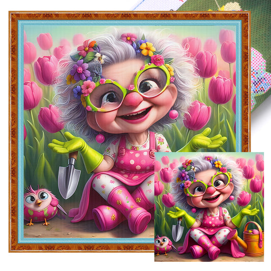 Funny Old Lady - Full 11CT Stamped Cross Stitch 45x45CM - Huacan