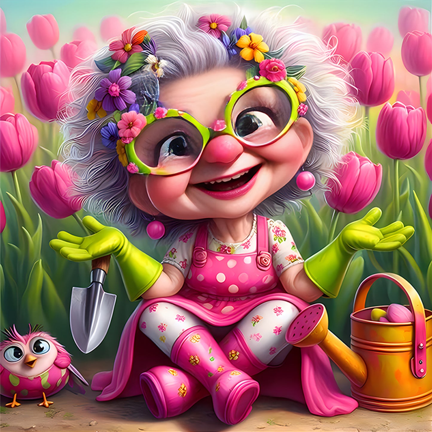 Funny Old Lady - Full 11CT Stamped Cross Stitch 45x45CM - Huacan
