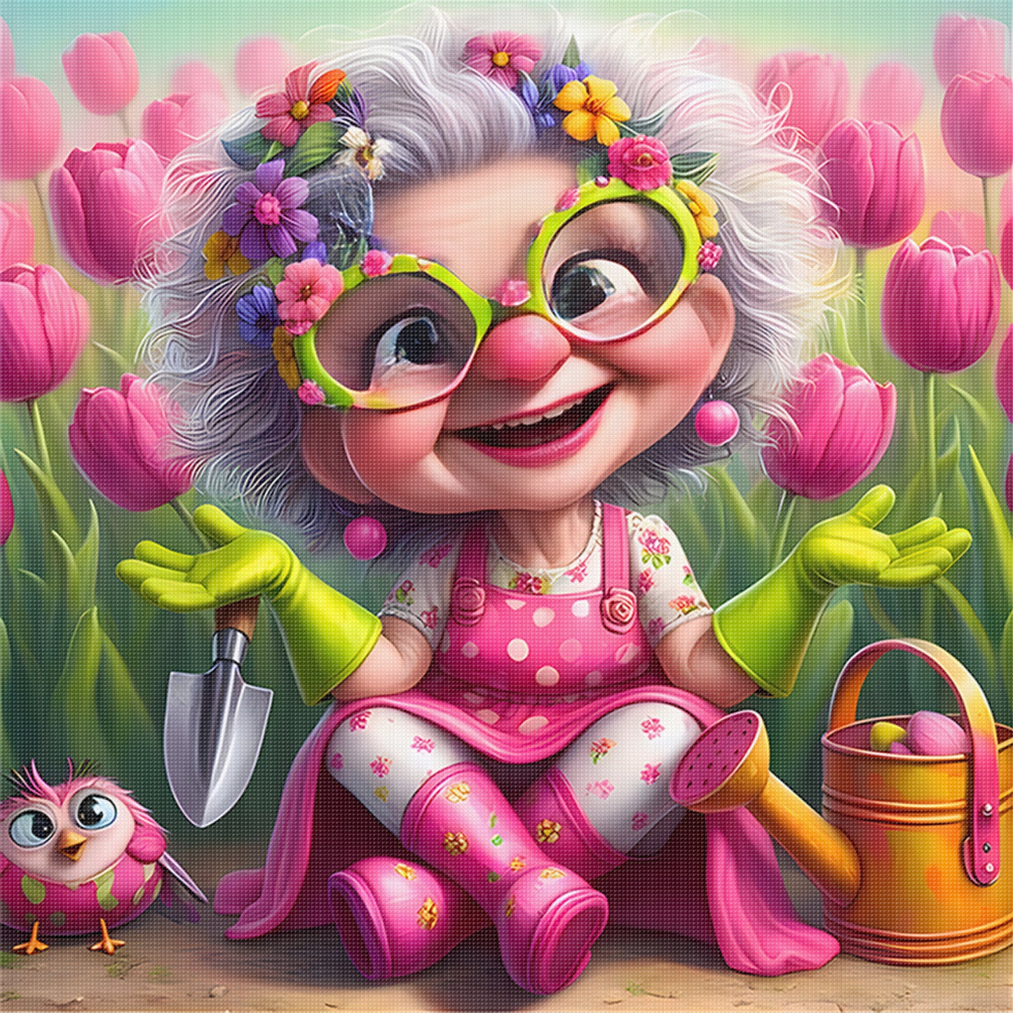 Funny Old Lady - Full 11CT Stamped Cross Stitch 45x45CM - Huacan