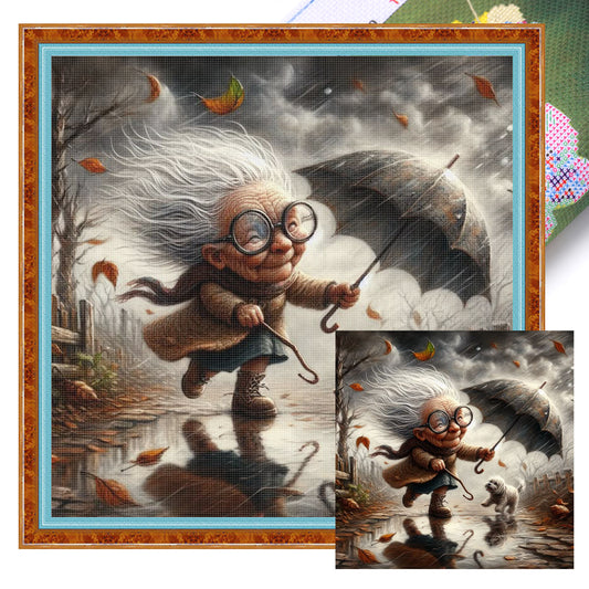 Funny Old Lady - Full 11CT Stamped Cross Stitch 45x45CM - Huacan
