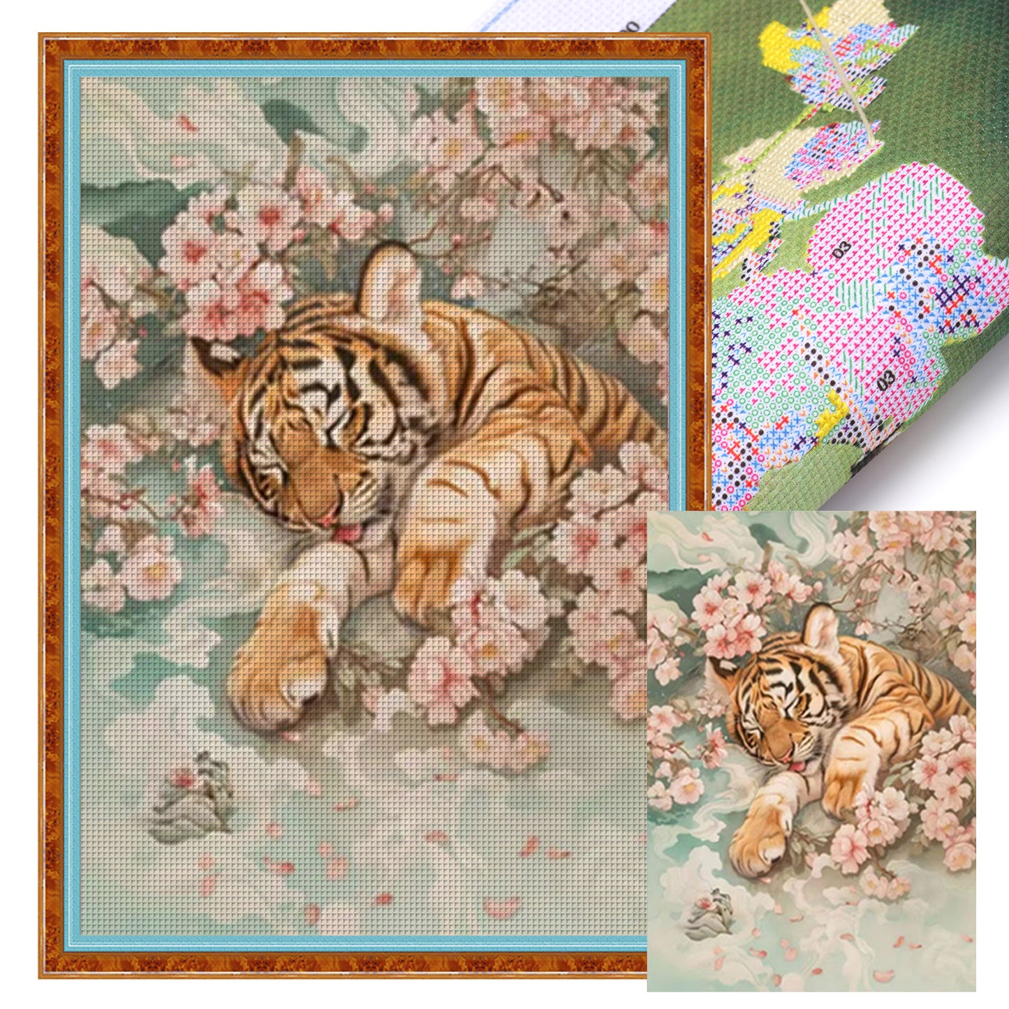 Peach Blossom Little Tiger - Full 11CT Stamped Cross Stitch 50x70CM - Mona Lisa