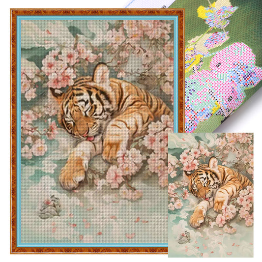 Peach Blossom Little Tiger - Full 11CT Stamped Cross Stitch 50x70CM - Mona Lisa