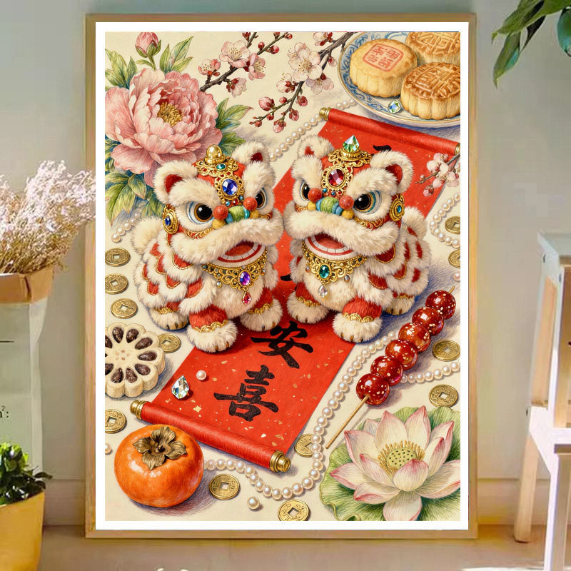 Auspicious Lion Offering Gifts - Full 11CT Stamped Cross Stitch 50x70CM - Mona Lisa