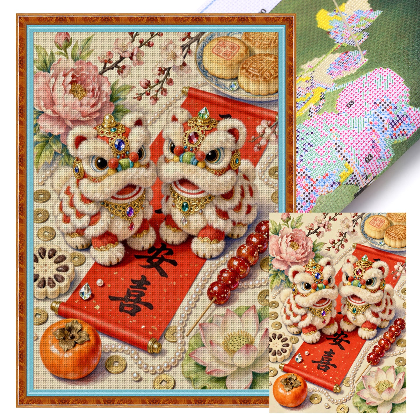 Auspicious Lion Offering Gifts - Full 11CT Stamped Cross Stitch 50x70CM - Mona Lisa
