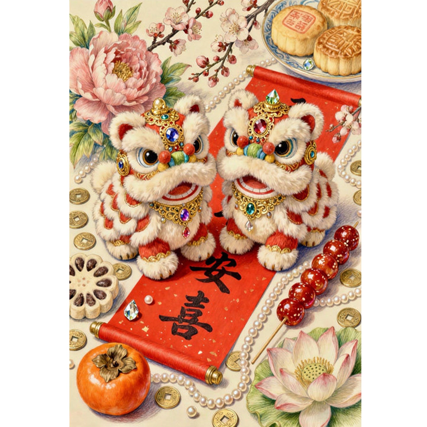 Auspicious Lion Offering Gifts - Full 11CT Stamped Cross Stitch 50x70CM - Mona Lisa