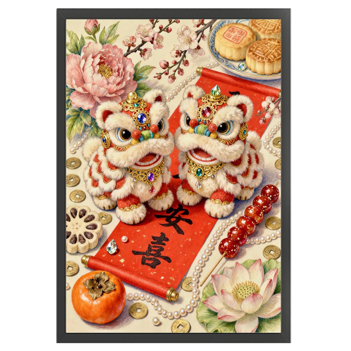 Auspicious Lion Offering Gifts - Full 11CT Stamped Cross Stitch 50x70CM - Mona Lisa