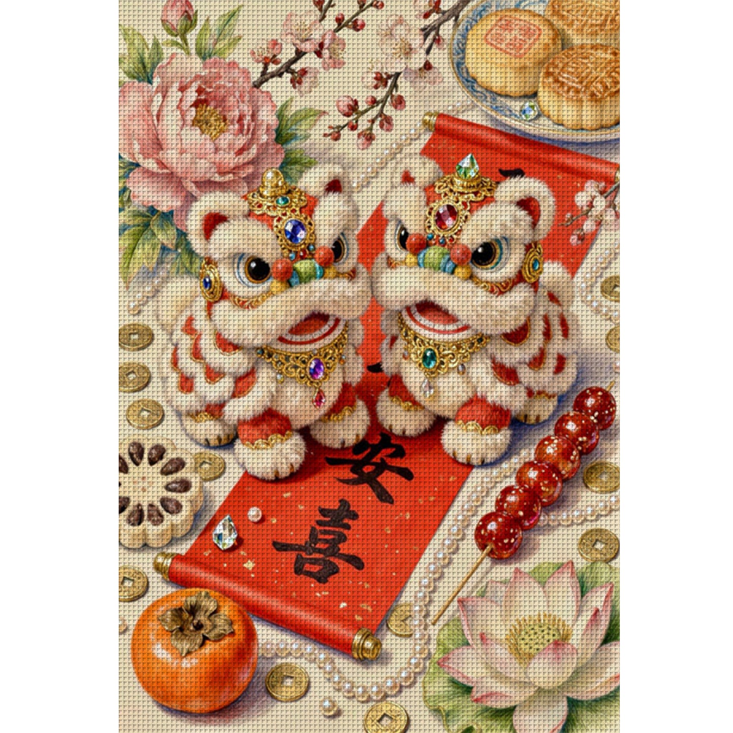Auspicious Lion Offering Gifts - Full 11CT Stamped Cross Stitch 50x70CM - Mona Lisa