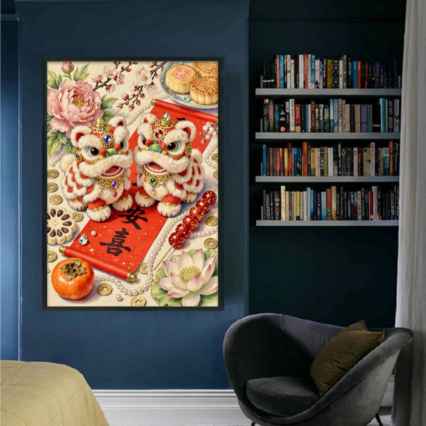 Auspicious Lion Offering Gifts - Full 11CT Stamped Cross Stitch 50x70CM - Mona Lisa