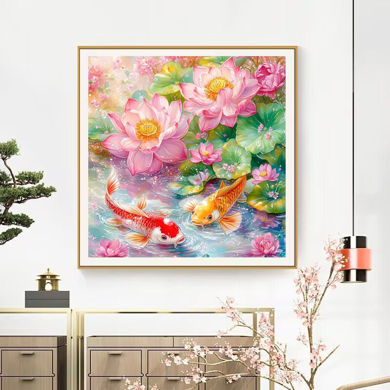 Nine Fish And Lotus Painting - Full 11CT Stamped Cross Stitch 65x65CM - Mona Lisa