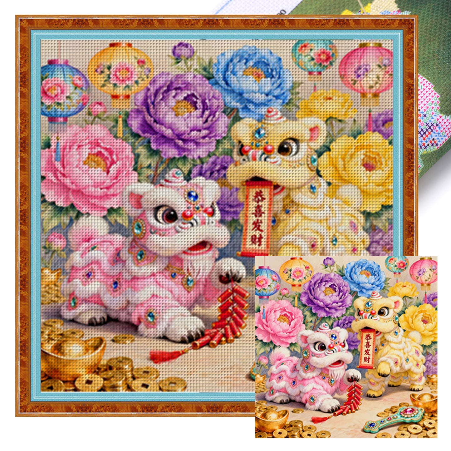 Double Lions Gathering Wealth - Full 11CT Stamped Cross Stitch 65x65CM - Mona Lisa
