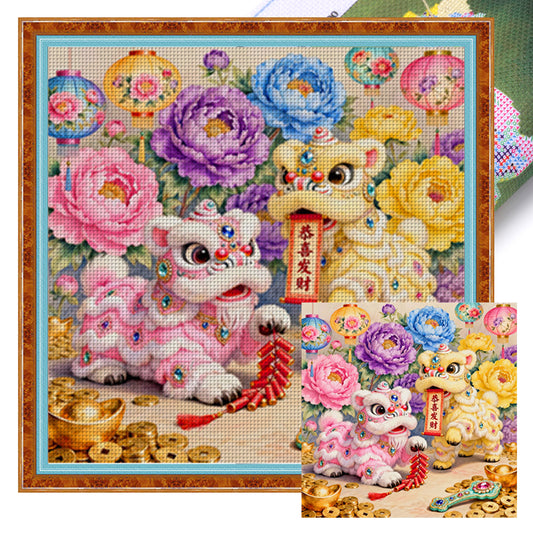 Double Lions Gathering Wealth - Full 11CT Stamped Cross Stitch 65x65CM - Mona Lisa