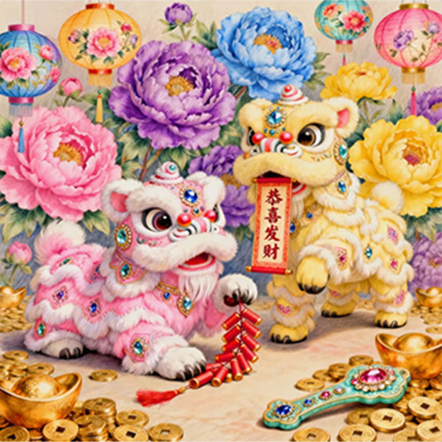 Double Lions Gathering Wealth - Full 11CT Stamped Cross Stitch 65x65CM - Mona Lisa