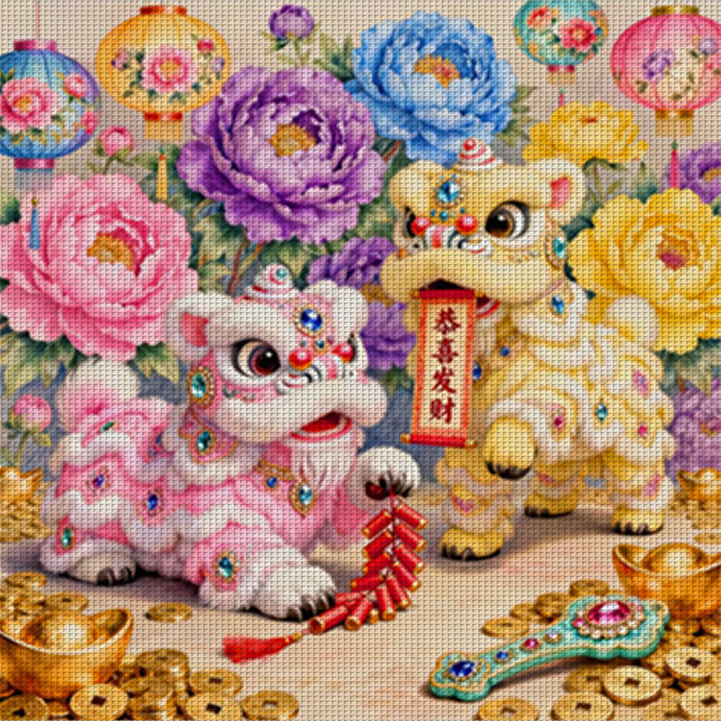 Double Lions Gathering Wealth - Full 11CT Stamped Cross Stitch 65x65CM - Mona Lisa