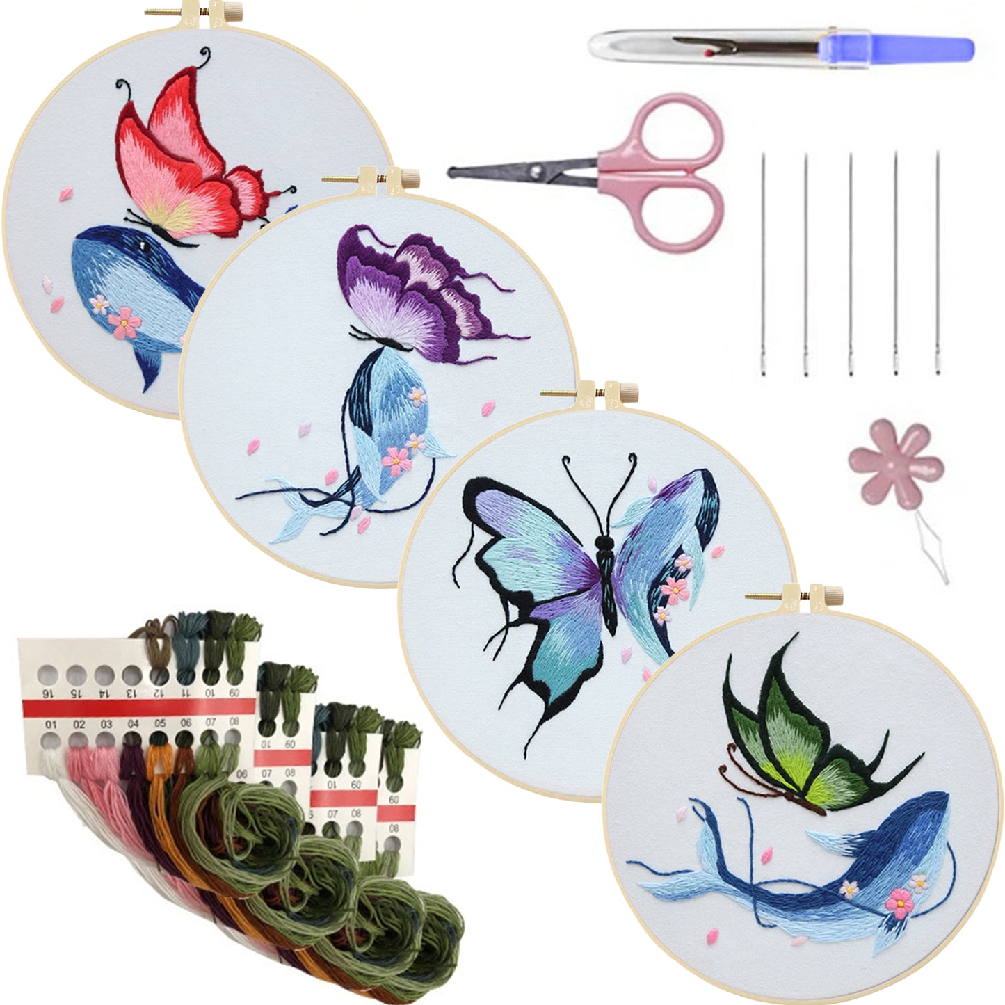 4PCS Butterfly & Whale - DIY Embroidery Cross Stitch Kit with Pattern Cotton Threads Needles Hoop 30x30CM/11.81x11.81in