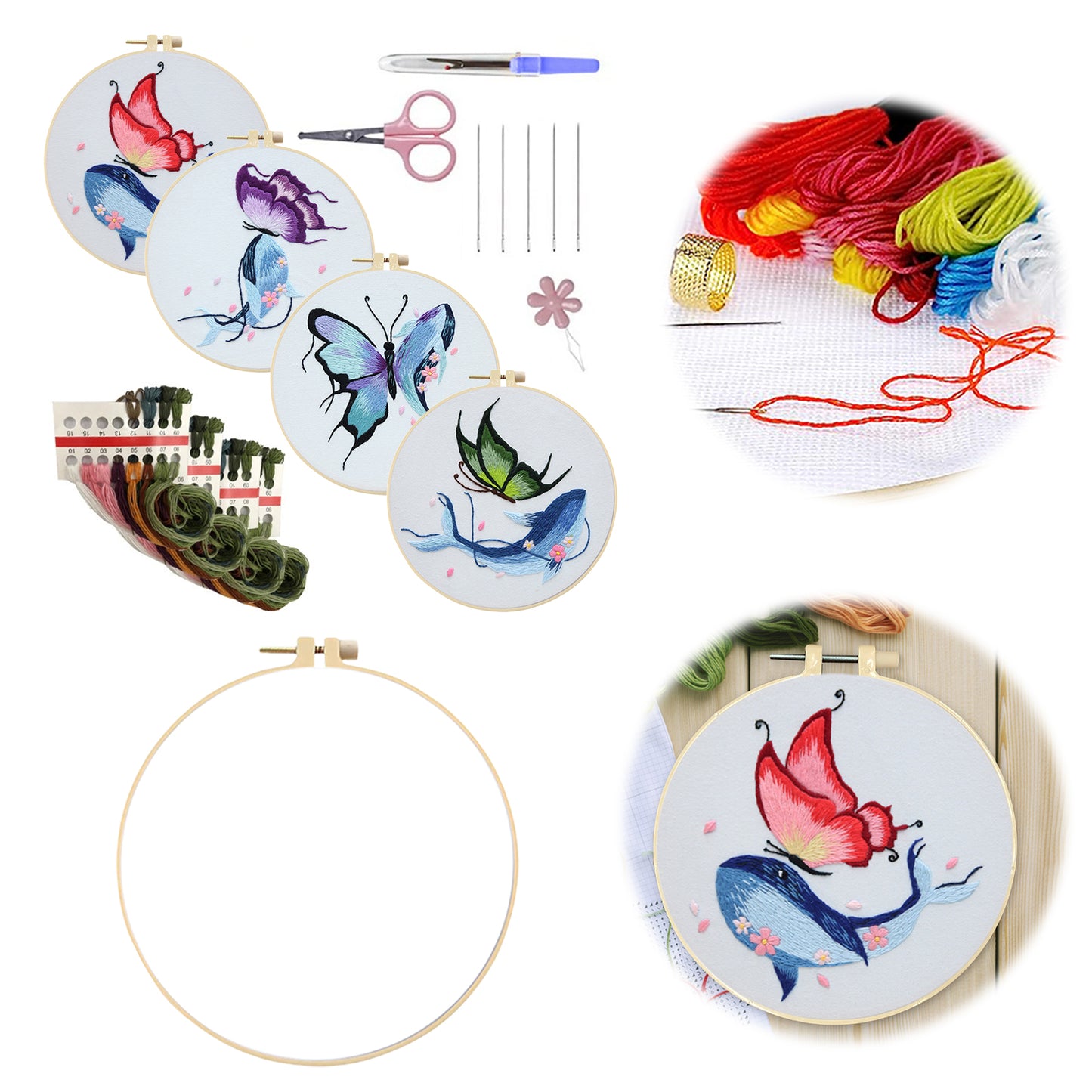 4PCS Butterfly & Whale - DIY Embroidery Cross Stitch Kit with Pattern Cotton Threads Needles Hoop 30x30CM/11.81x11.81in