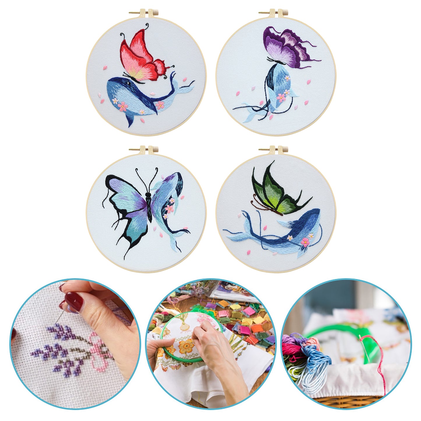 4PCS Butterfly & Whale - DIY Embroidery Cross Stitch Kit with Pattern Cotton Threads Needles Hoop 30x30CM/11.81x11.81in