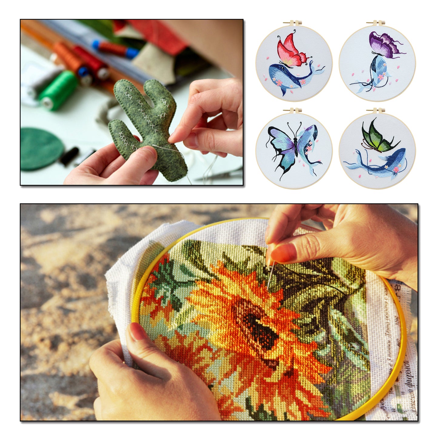 4PCS Butterfly & Whale - DIY Embroidery Cross Stitch Kit with Pattern Cotton Threads Needles Hoop 30x30CM/11.81x11.81in
