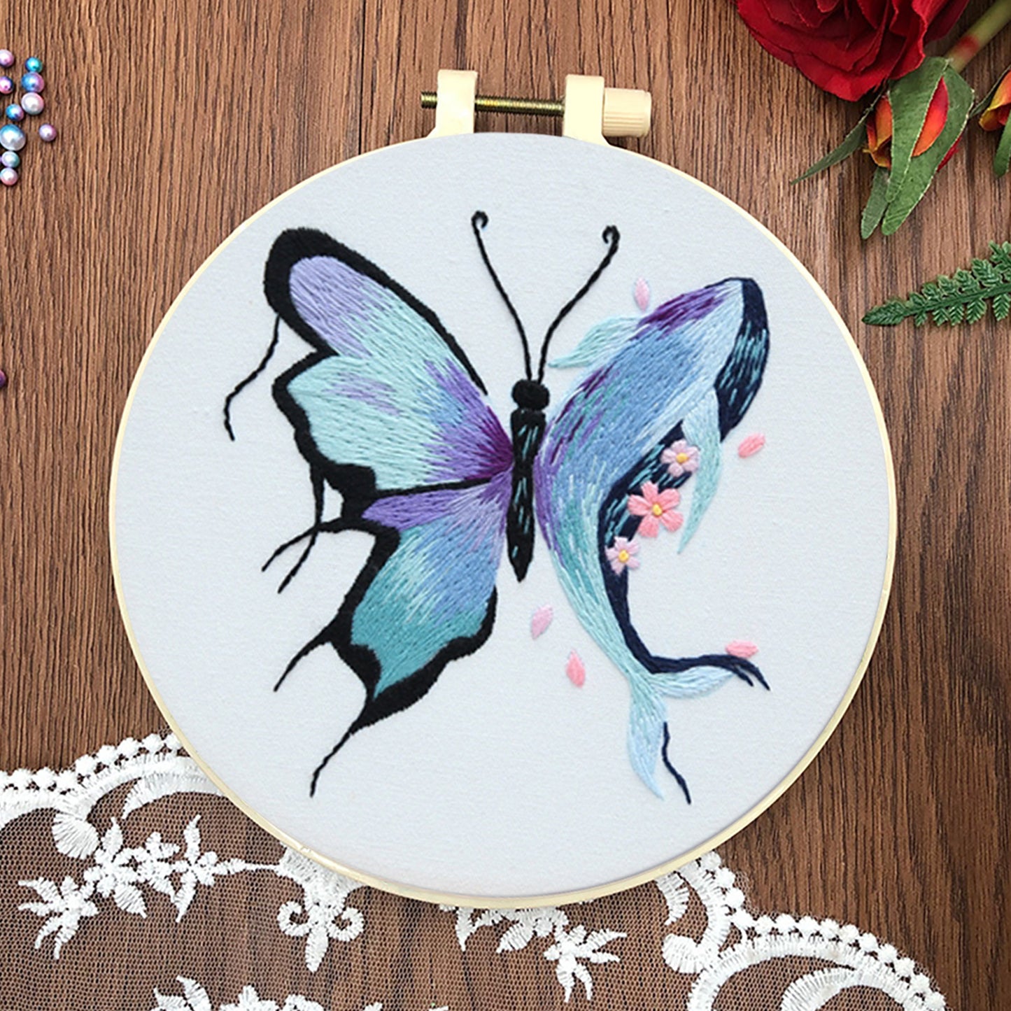 4PCS Butterfly & Whale - DIY Embroidery Cross Stitch Kit with Pattern Cotton Threads Needles Hoop 30x30CM/11.81x11.81in
