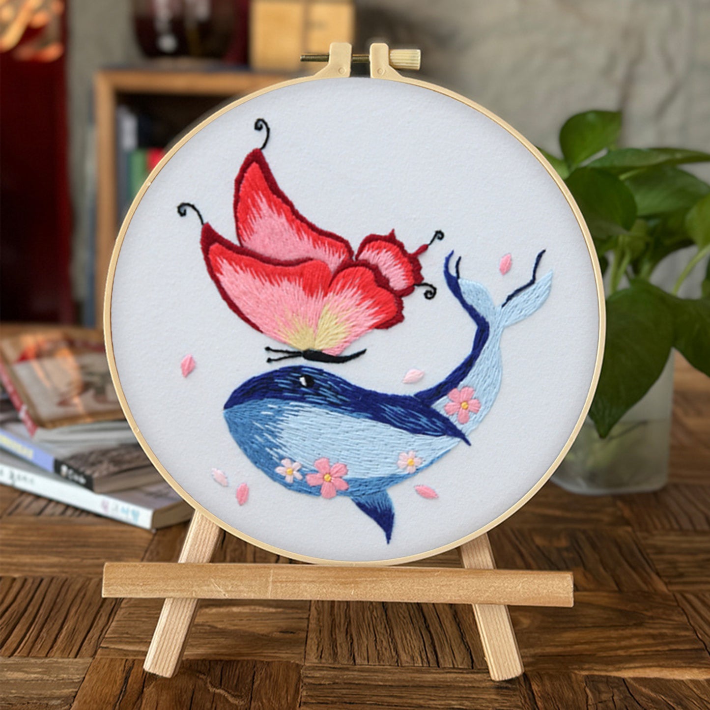 4PCS Butterfly & Whale - DIY Embroidery Cross Stitch Kit with Pattern Cotton Threads Needles Hoop 30x30CM/11.81x11.81in