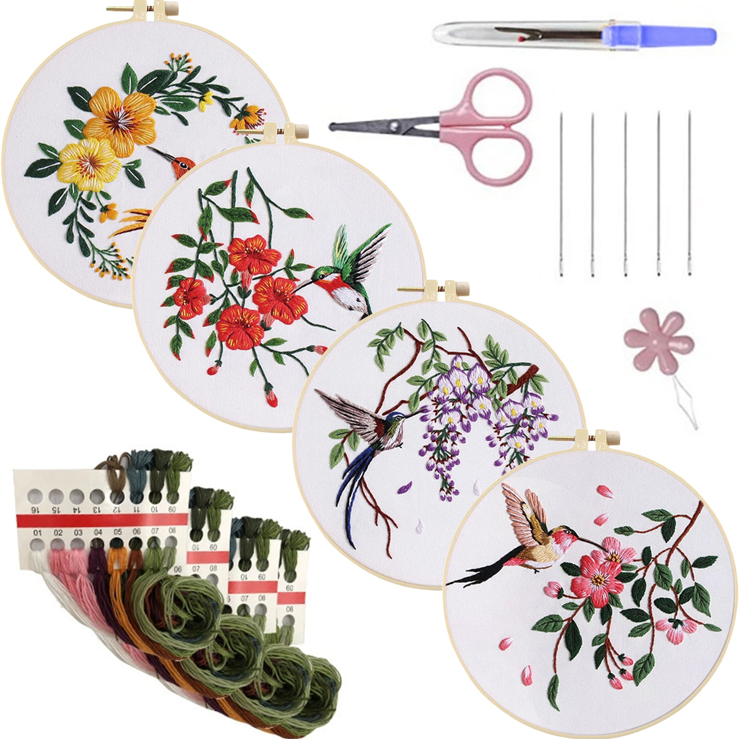 4PCS Nectar-Feeding Hummingbird - DIY Embroidery Cross Stitch Kit with Pattern Cotton Threads Needles Hoop 30x30CM/11.81x11.81in