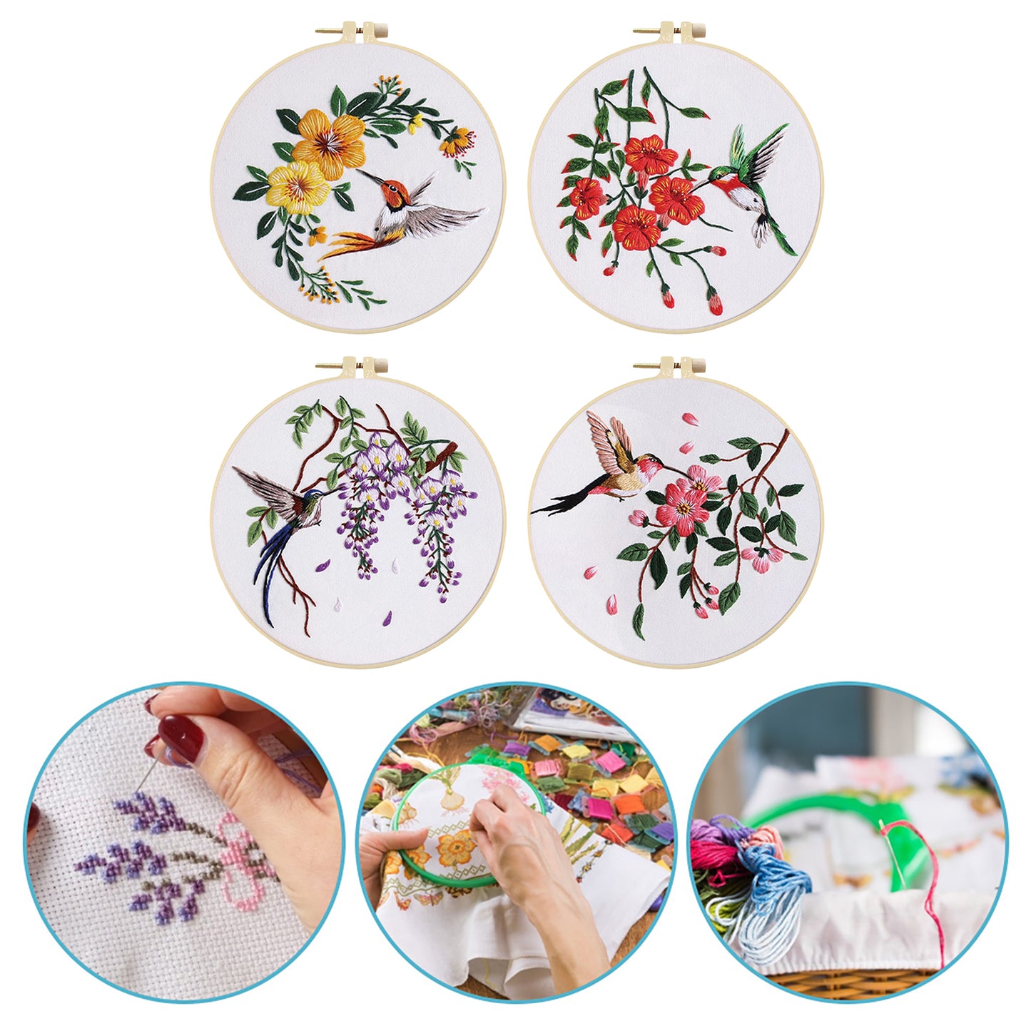 4PCS Nectar-Feeding Hummingbird - DIY Embroidery Cross Stitch Kit with Pattern Cotton Threads Needles Hoop 30x30CM/11.81x11.81in